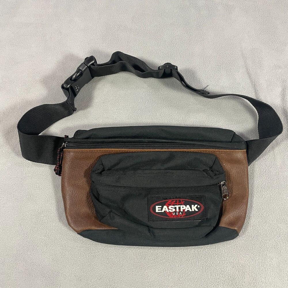 Vintage Eastpak Fanny Pack Canvas Brown Leather Trim Outdoors USA Made